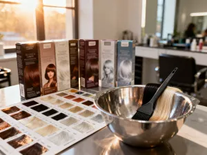 Naturalny szampon w szklanej butelce na marmurowym blacie w otoczeniu świeżej mięty i ręcznika w jasnej łazience.