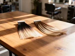 Profesjonalne akcesoria fryzjerskie na minimalistycznej toaletce w jasnym, nowoczesnym salonie piękności.