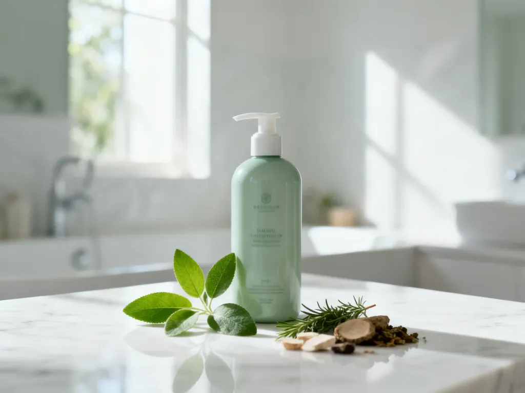 Butelka szamponu Vis Plantis na marmurowym blacie w otoczeniu świeżych ziół, podkreślająca naturalny skład produktu.