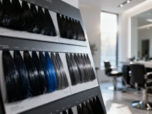 Kobieta z krótkimi, falowanymi blond włosami o teksturze podkreślonej profesjonalnym oświetleniem w salonie fryzjerskim.
