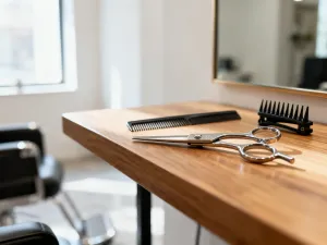 Profesjonalne akcesoria fryzjerskie, lokówka i perłowa spinka na marmurowym blacie, przygotowane do stylizacji fryzury weselnej.