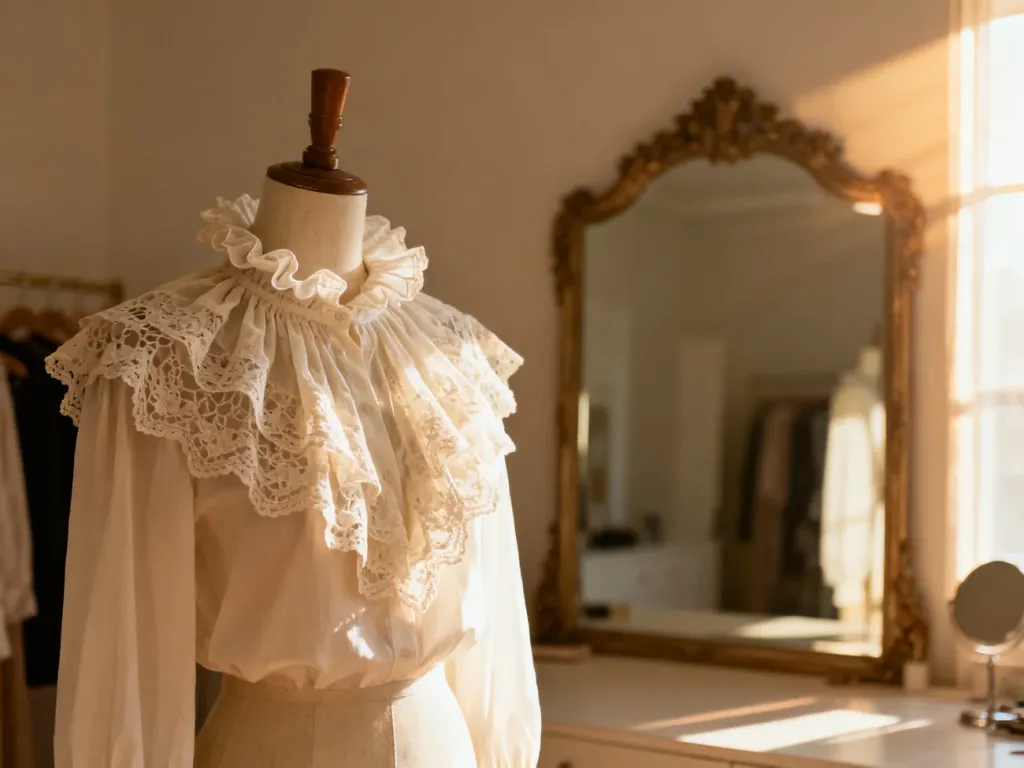 Elegancka bluzka z żabotem na manekinie w jasnym, stylowym wnętrzu z lustrem, podkreślająca estetykę mody vintage.