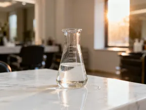 Szklana butelka płynu do układania włosów Loton 2 na marmurowym blacie w eleganckiej łazience.
