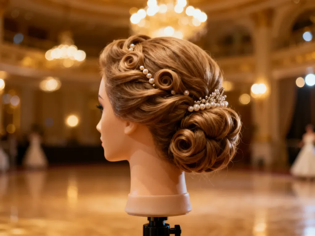 Eleganckie upięcie z lokami i perłami, idealnie pasujące do wieczorowej sukni balowej.