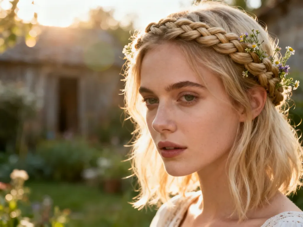 Jasny blond warkocz ozdobiony polnymi kwiatami, idealnie pasujący do stylizacji w klimacie boho.