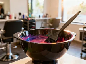 Profesjonalne narzędzia fryzjerskie, takie jak brzytwa, nożyczki i grzebień, ułożone na drewnianym stole w salonie barberskim.