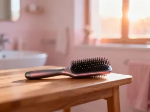 Kostka czarnego mydła marokańskiego na drewnianej podstawce w klimacie domowego spa.