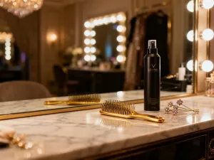 Jasne, falowane pasma włosów clip-in ułożone na drewnianym stole w profesjonalnym salonie fryzjerskim.