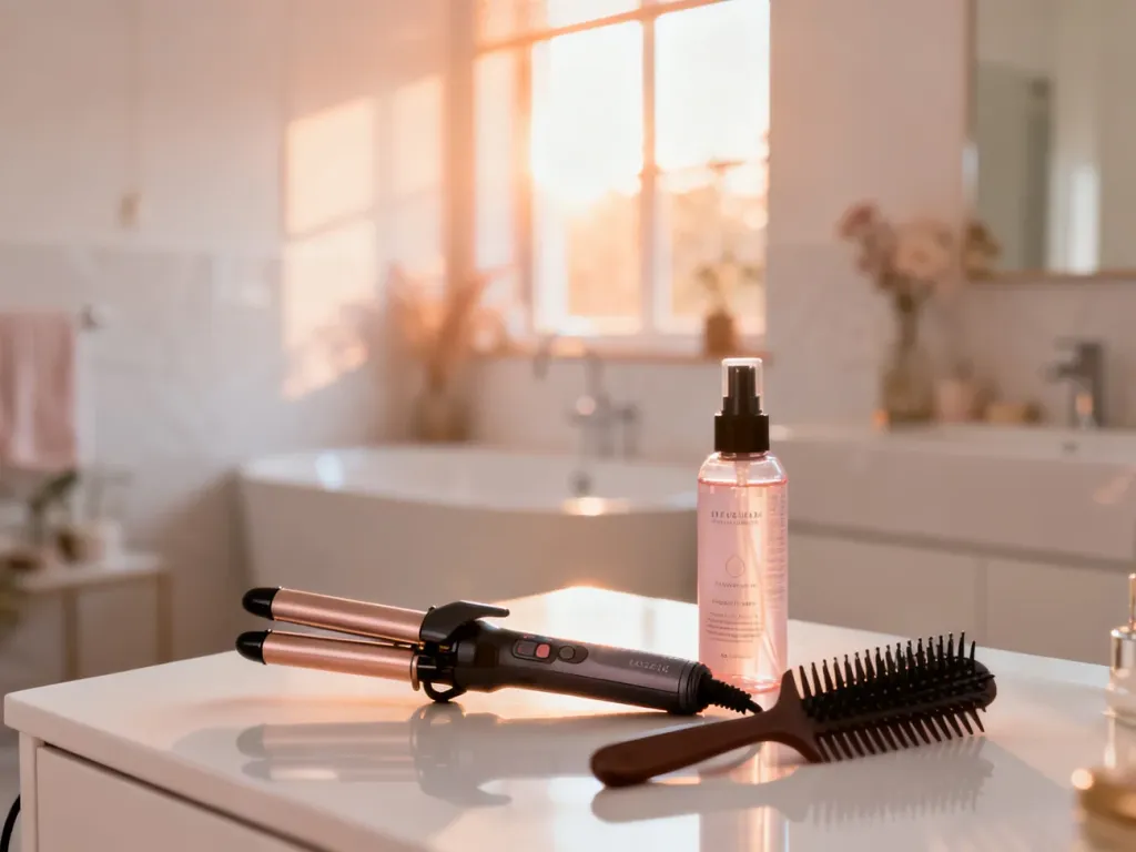 Profesjonalne narzędzia do stylizacji włosów, lokówka i spray termochronny przygotowane na białej toaletce.